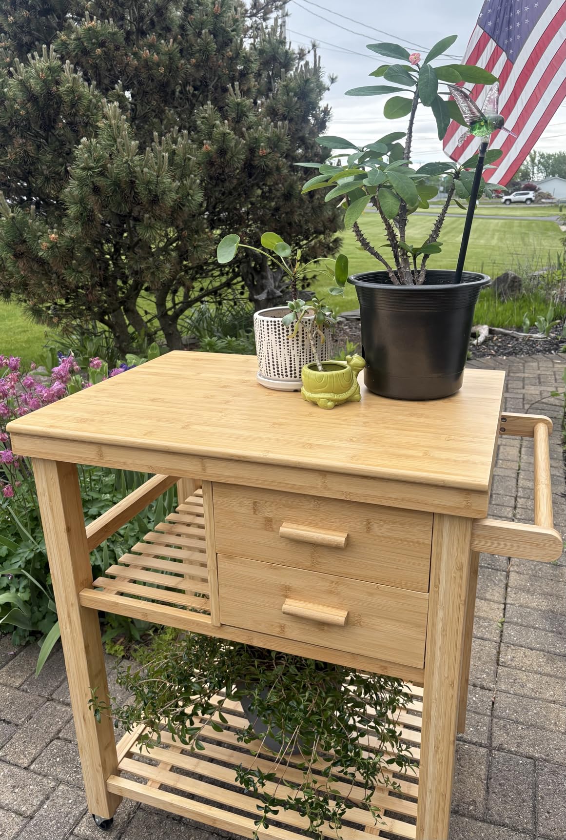 PETSITE Bamboo Kitchen Island Cart, Butcher Block Table on Wheels with Drawers, Shelves, Towel Rack customer photo 2