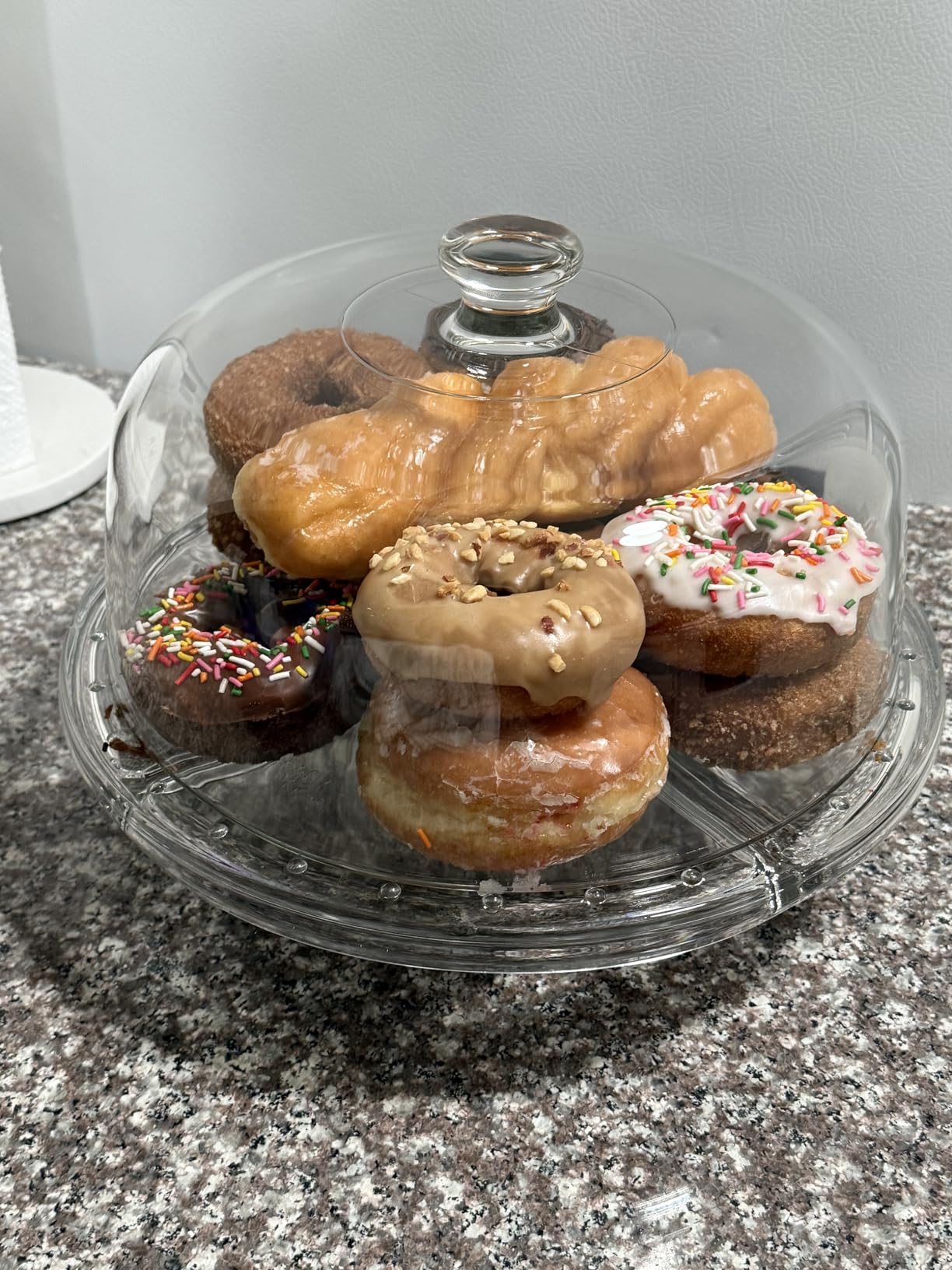 Godinger Cake Stand and Serving Plate Platter with Dome Lid, 6 in 1 Multi-Purpose Use, Crystal Glass Footed Cake Stand, Salad Bowl, Cake Plate, Fruit Platter - Made in Italy customer photo 1