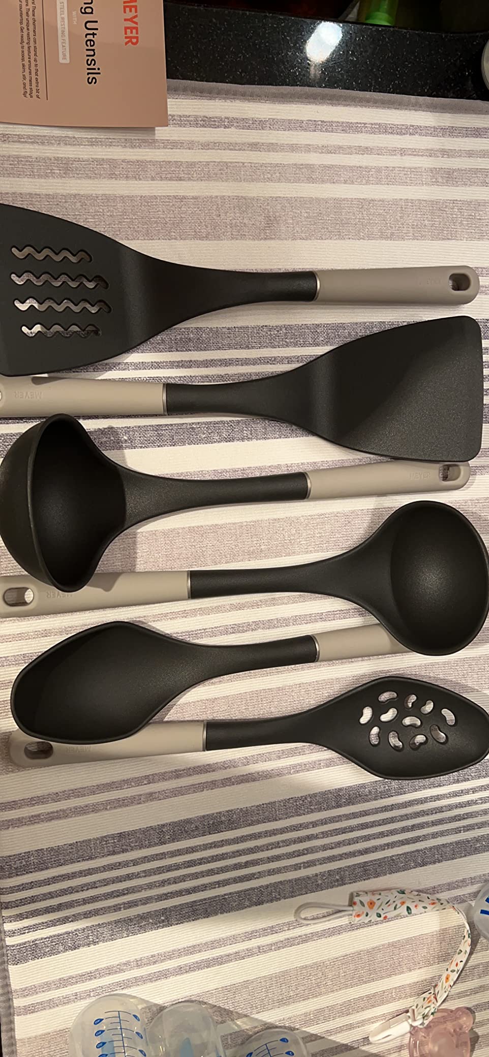 Meyer Everyday Nylon Tools/Cooking Utensils Set for Non Stick Cookware, 6 Piece: Slotted Turner, Solid Turner, Skimmer, Ladle, Slotted Spoon and Solid Spoon, Heat Resistant, Black with Gray Handles customer photo 1
