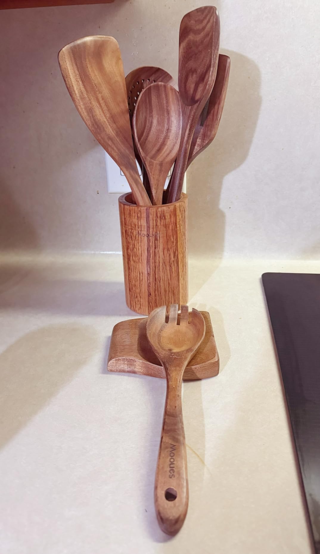 9 Piece Natural Teak Wooden Kitchen Utensil Set with Spoon Rest - Comfort Grip Cooking Spoons and Utensils Holder customer photo 2