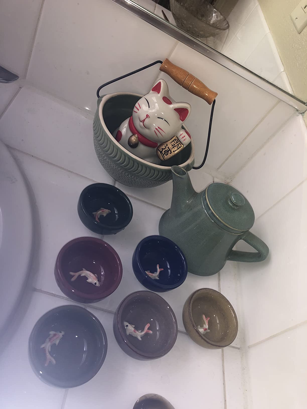 Skyley 6 Pieces Korean Soju Shot Glasses Sets Porcelain Cups Korean Ceramic Cups Tea Accessories Drinkware, Handcrafted Ceramic (Colorful, Koi Fish Pattern) customer photo 2