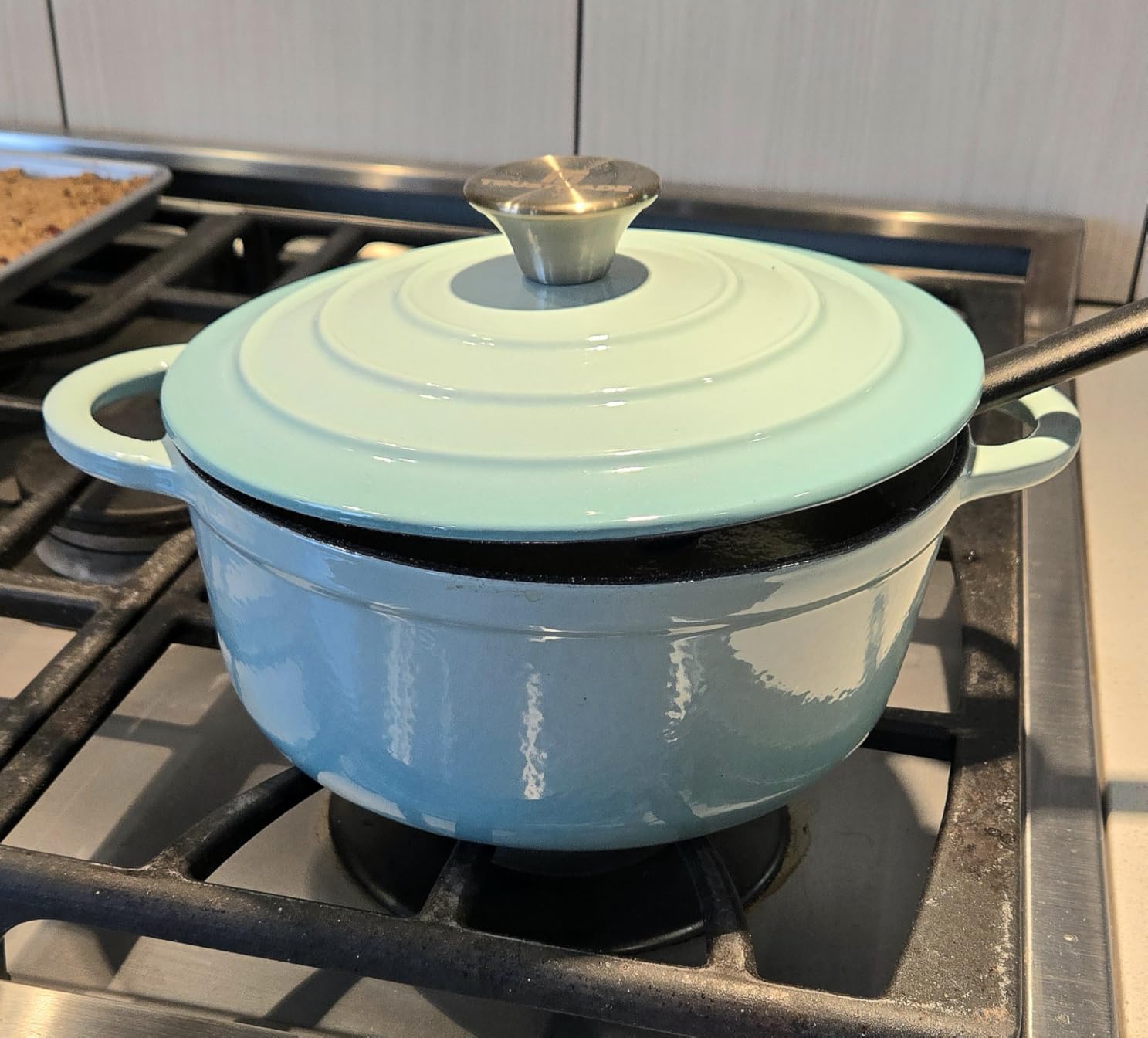 Trustmade 4.5 QT Cast Iron Dutch Oven, Enamel Coated Cookware Pot with Self Basting Lid for Home Baking, Braiser, Cooking, Blue customer photo 2