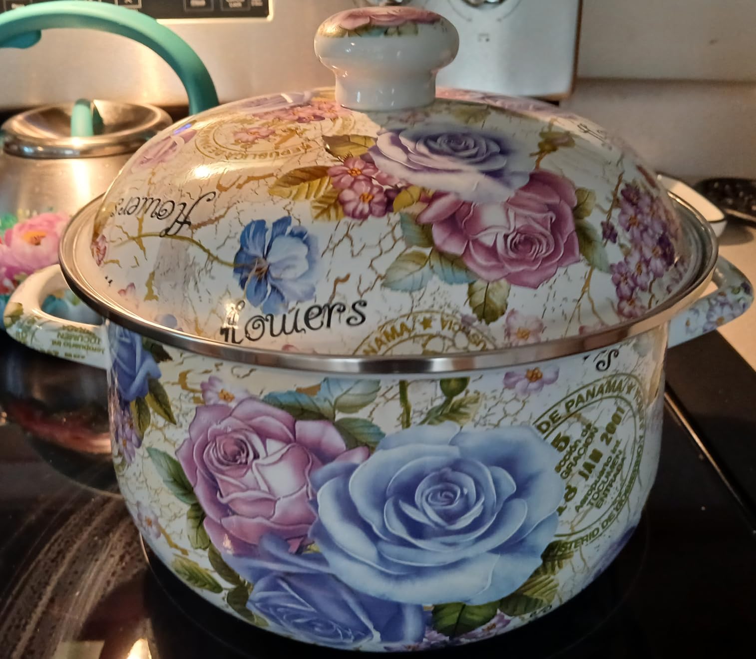 Retro 5QT Flower Enamel on Steel Stock Soup pot with Lid, Stockpots for Cooking, Retro Classic Design customer photo 2