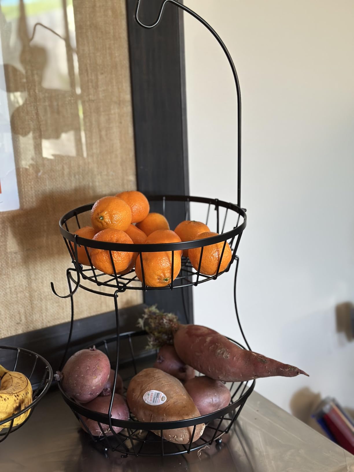 SAYZH 2-Tier Fruit Basket Bowl Stackable Vegetable Storage with Banana Tree Hanger Stand for Kitchen Countertop, Metal Wire Basket for Bread Onions Potatoes Black customer photo 1