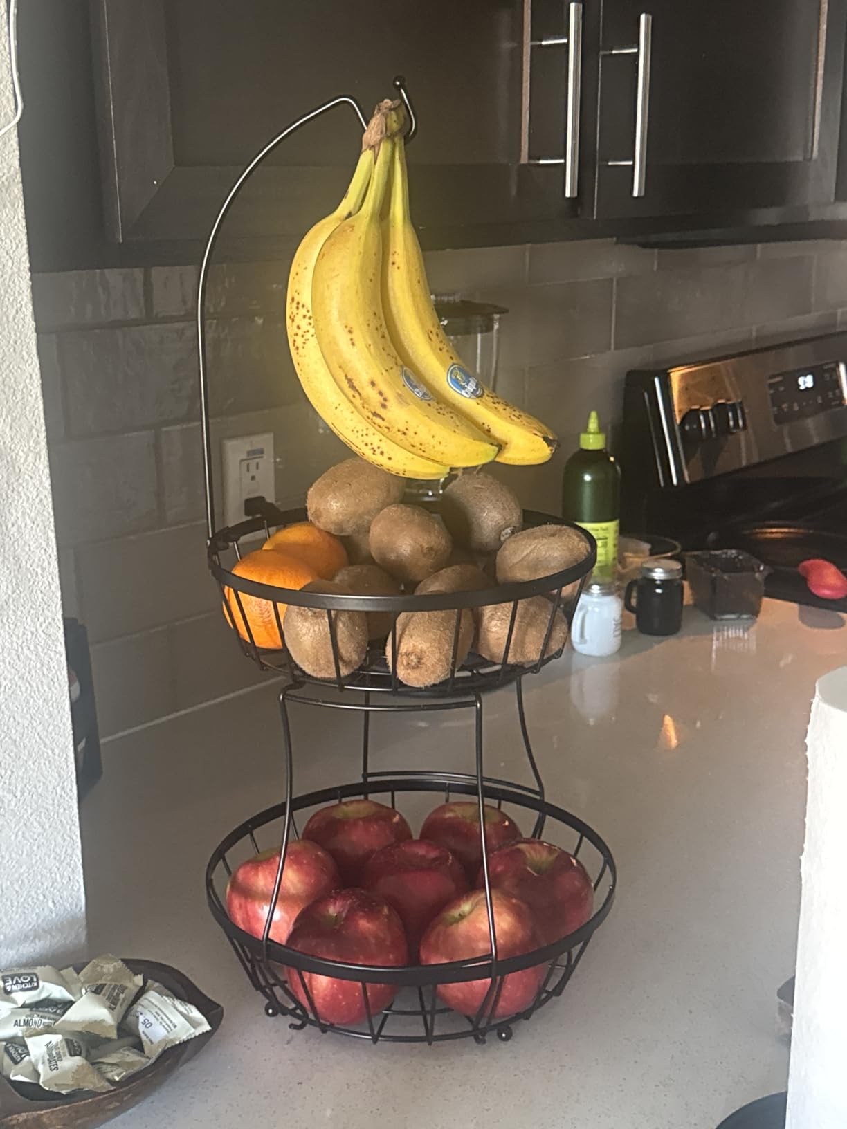SAYZH 2-Tier Fruit Basket Bowl Stackable Vegetable Storage with Banana Tree Hanger Stand for Kitchen Countertop, Metal Wire Basket for Bread Onions Potatoes Black customer photo 2