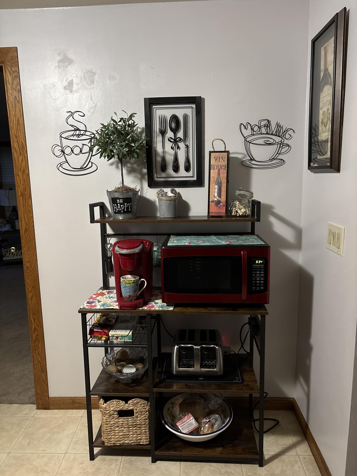 HOOBRO Bakers Rack with Power Outlet, 35.4 Inches Coffee Bar with Mesh Basket, Microwave Stand with 4 S-Shaped Hooks, Kitchen Bakers Rack with Storage, Easy to Assemble, Rustic Brown customer photo 2