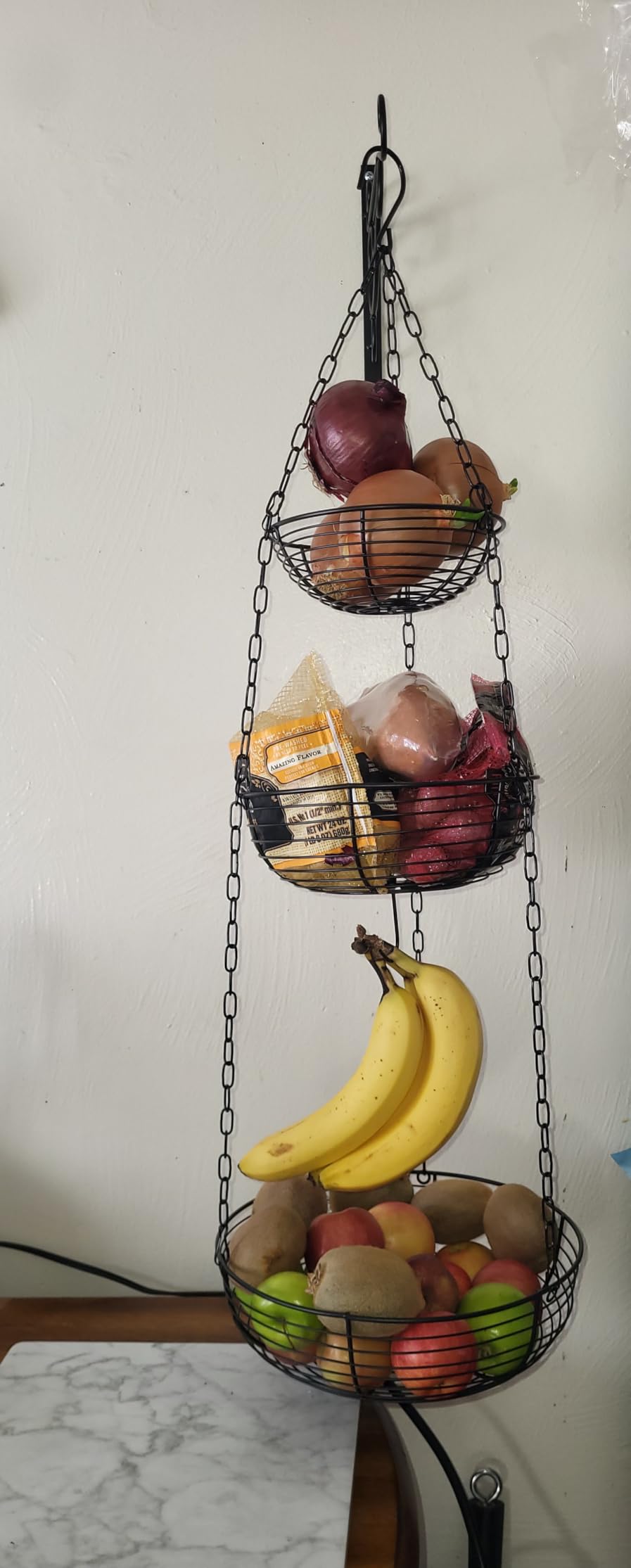HULISEN 3 Tier Hanging Fruit Basket with Banana Hook, 36-Inch Heavy-Duty Wire Hanging Baskets for Kitchen Storage customer photo 1