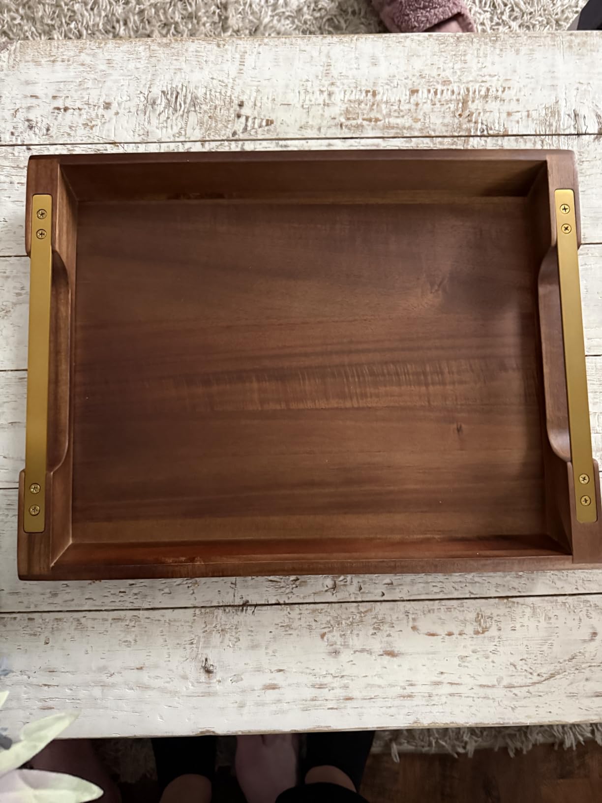 Acacia Wood Serving Tray with Metal Handles, 17x13in Food Drinks Tray for Coffee Table, Breakfast, Dinner & Bar, Rustic Decorative Storage Tray for Ottoman, Kitchen, Elegent Gift Packaging customer photo 2