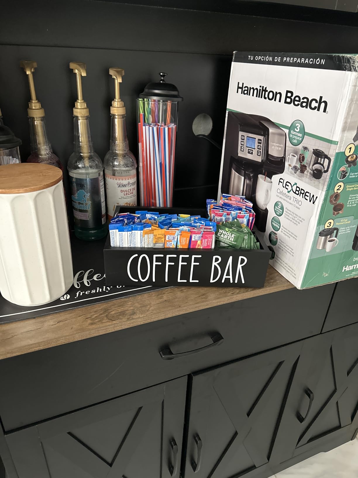ALELION Coffee Station Organizer - Wood Countertop Accessories Organizer with Removable Dividers for Pods Condiment Syrup Tea Cups Stirrers - Farmhouse Coffee Bar Decor customer photo 2