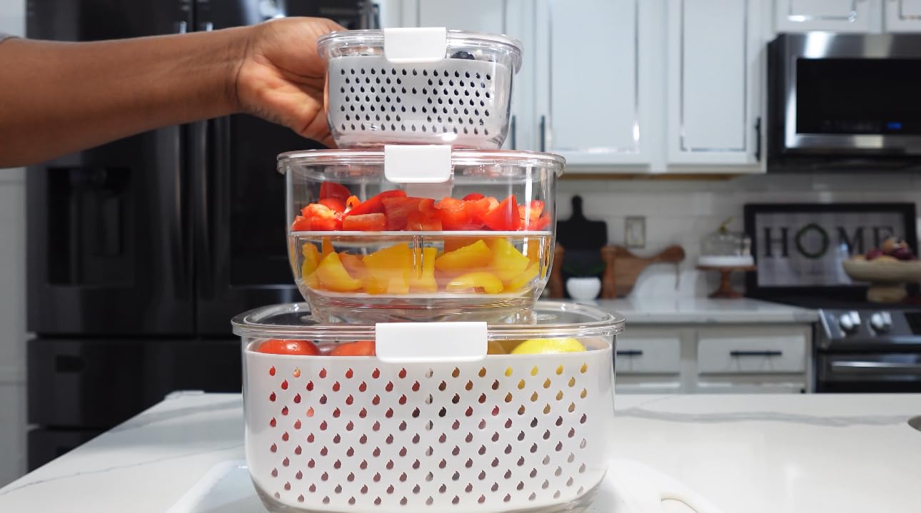 LUXEAR Fresh Produce Vegetable Fruit Storage Containers 3-Piece Set, BPA-free, Partitioned Salad Container, Fridge Organizers, Used in Storing Fruits Vegetables, White customer photo 1