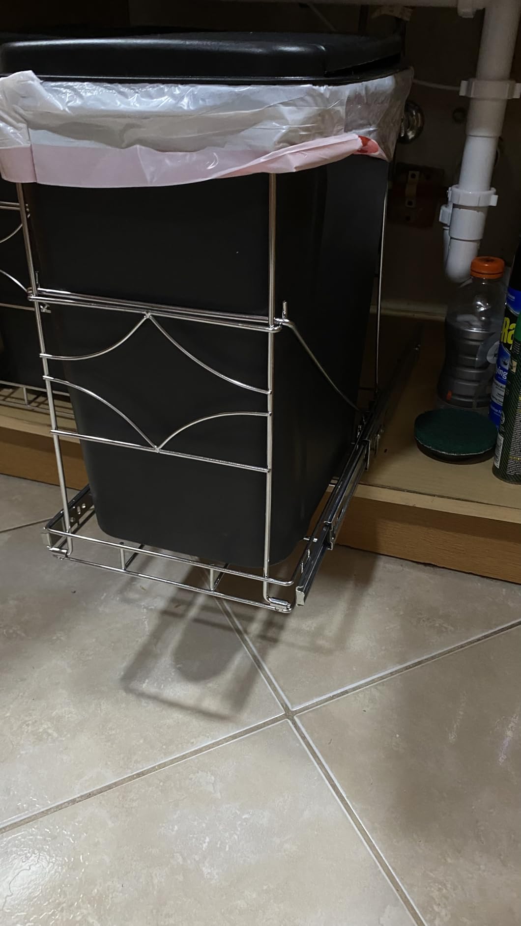 Youeon Pull Out Trash Can Under Cabinet, Adjustable Stainless Steel Under Sink Trash Can Pull Out, Slide Out Garbage Shelf, Fit for 7-11 Gallon Trash Can(Not Included) customer photo 1