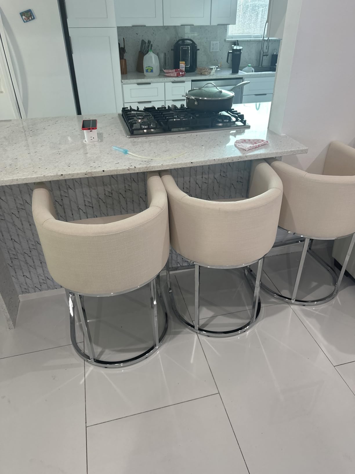 Contemporary Cream Linen Bar Stools Set of 3, 24