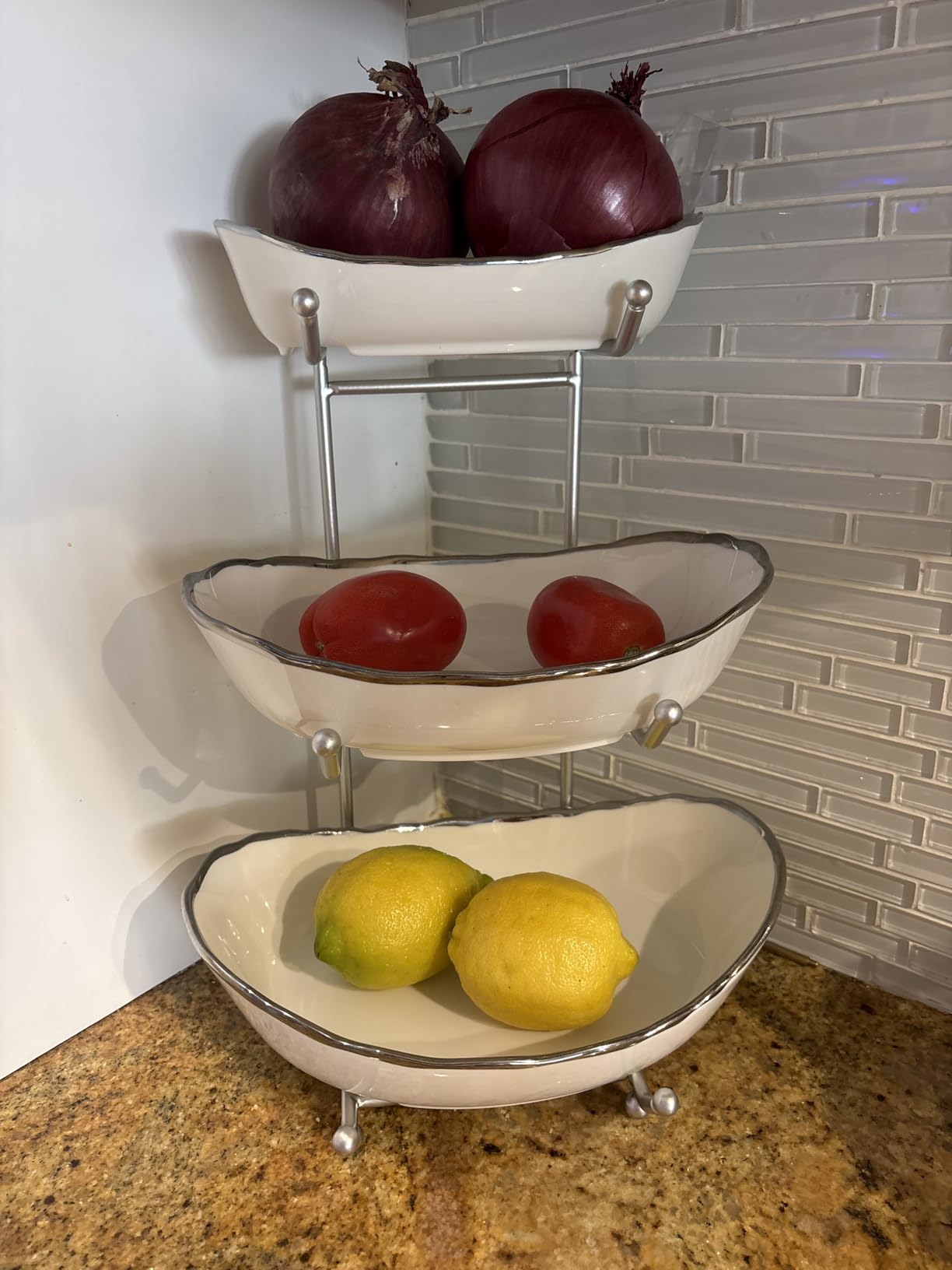 Ceramic Fruit Bowl for Kitchen Counter - 3 Tier Fruit Basket with Metal Stand, Tiered Fruit Stand for Countertop, Snack, Nuts, Cake, Dessert, Cute (Gold, Small) customer photo 1
