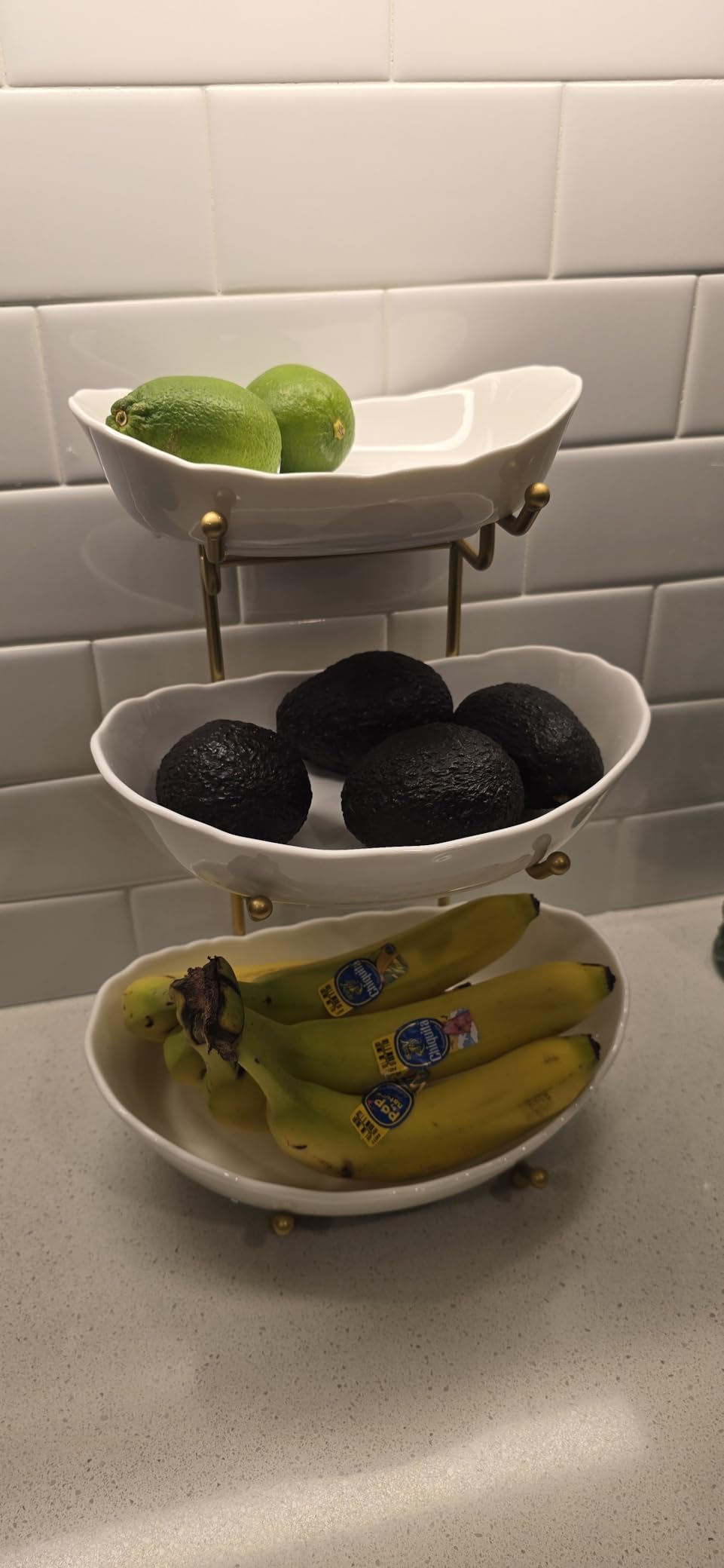 Ceramic Fruit Bowl for Kitchen Counter - 3 Tier Fruit Basket with Metal Stand, Tiered Fruit Stand for Countertop, Snack, Nuts, Cake, Dessert, Cute (Gold, Small) customer photo 2