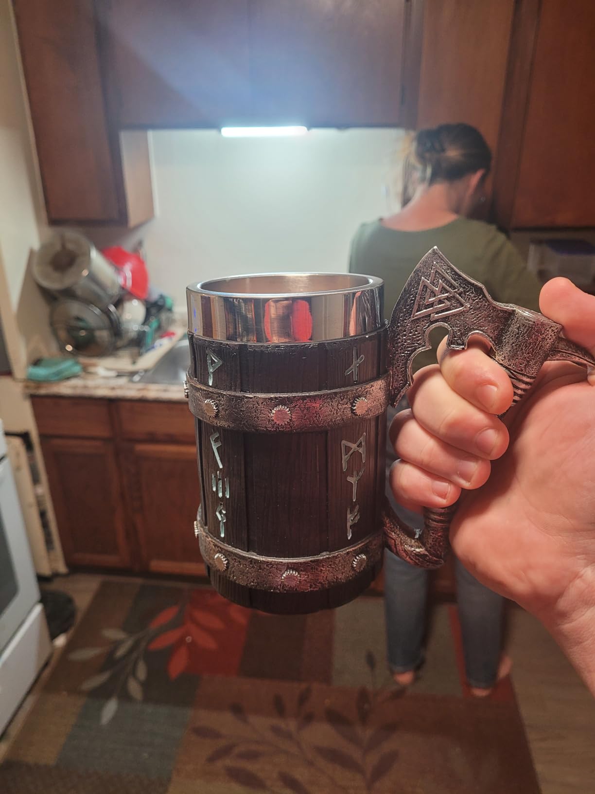 Viking Beer Mug 20oz Stainless Steel Double Wall Heavy Mug, Hand-Carved Oak with Norse Runes customer photo 2