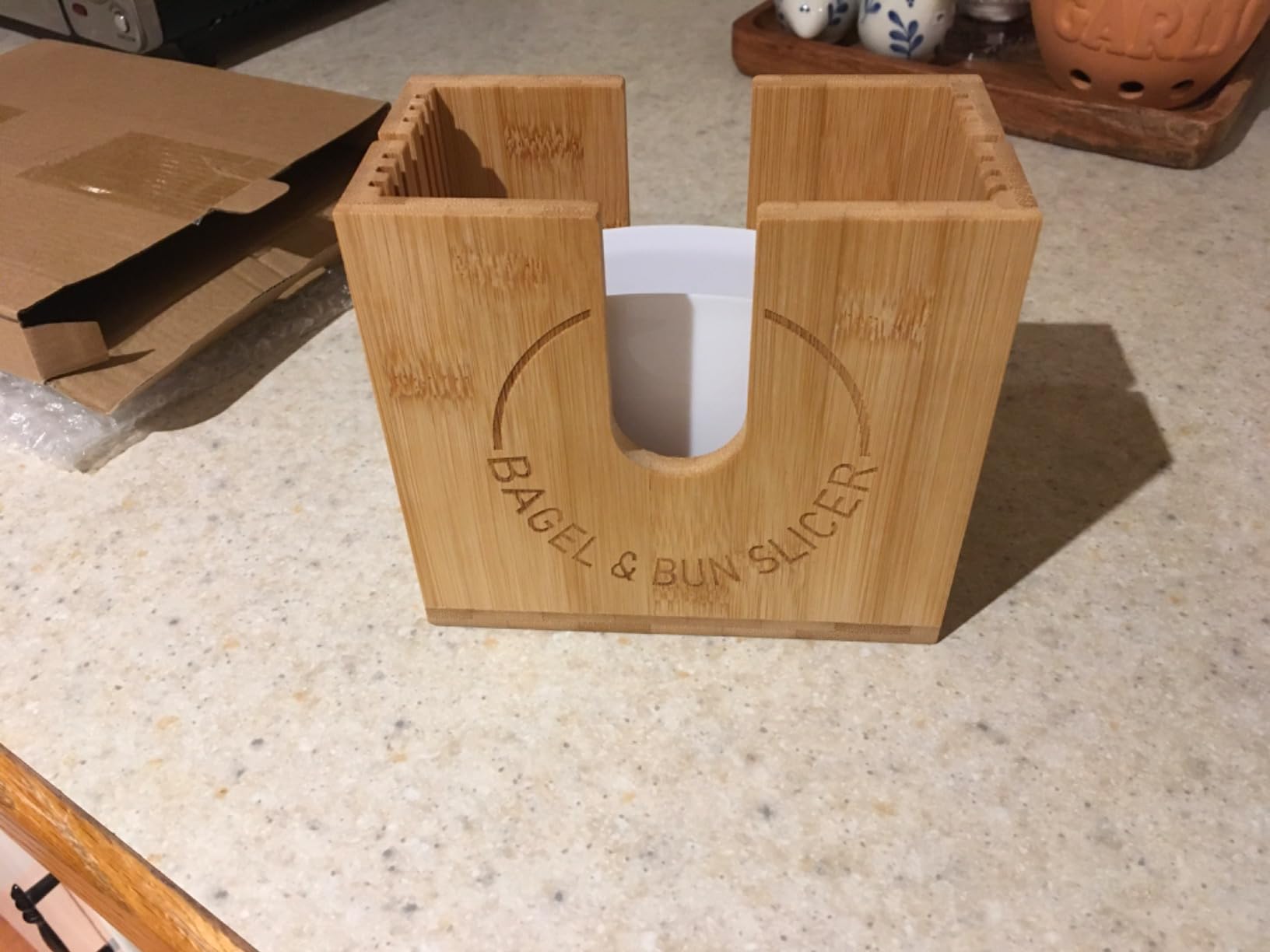 Adjustable Bagel Slicer Holder | Bamboo Bagel Cutting Holder with Width Adjustable Slots for Small & Large Bagels, Buns & English Muffins, Knife Groove for Long Bread Knife + Non-Slip Base customer photo 1