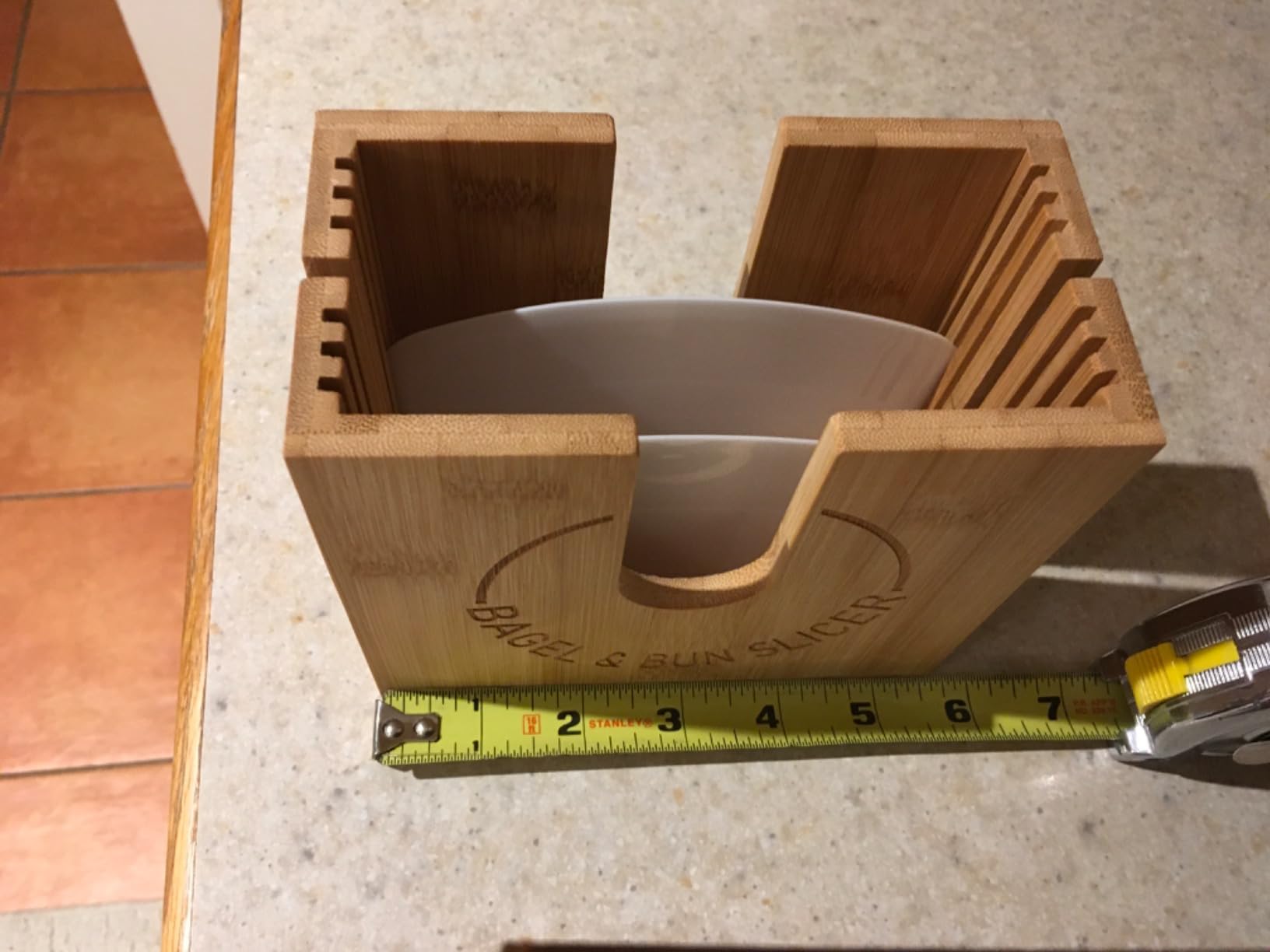 Adjustable Bagel Slicer Holder | Bamboo Bagel Cutting Holder with Width Adjustable Slots for Small & Large Bagels, Buns & English Muffins, Knife Groove for Long Bread Knife + Non-Slip Base customer photo 2