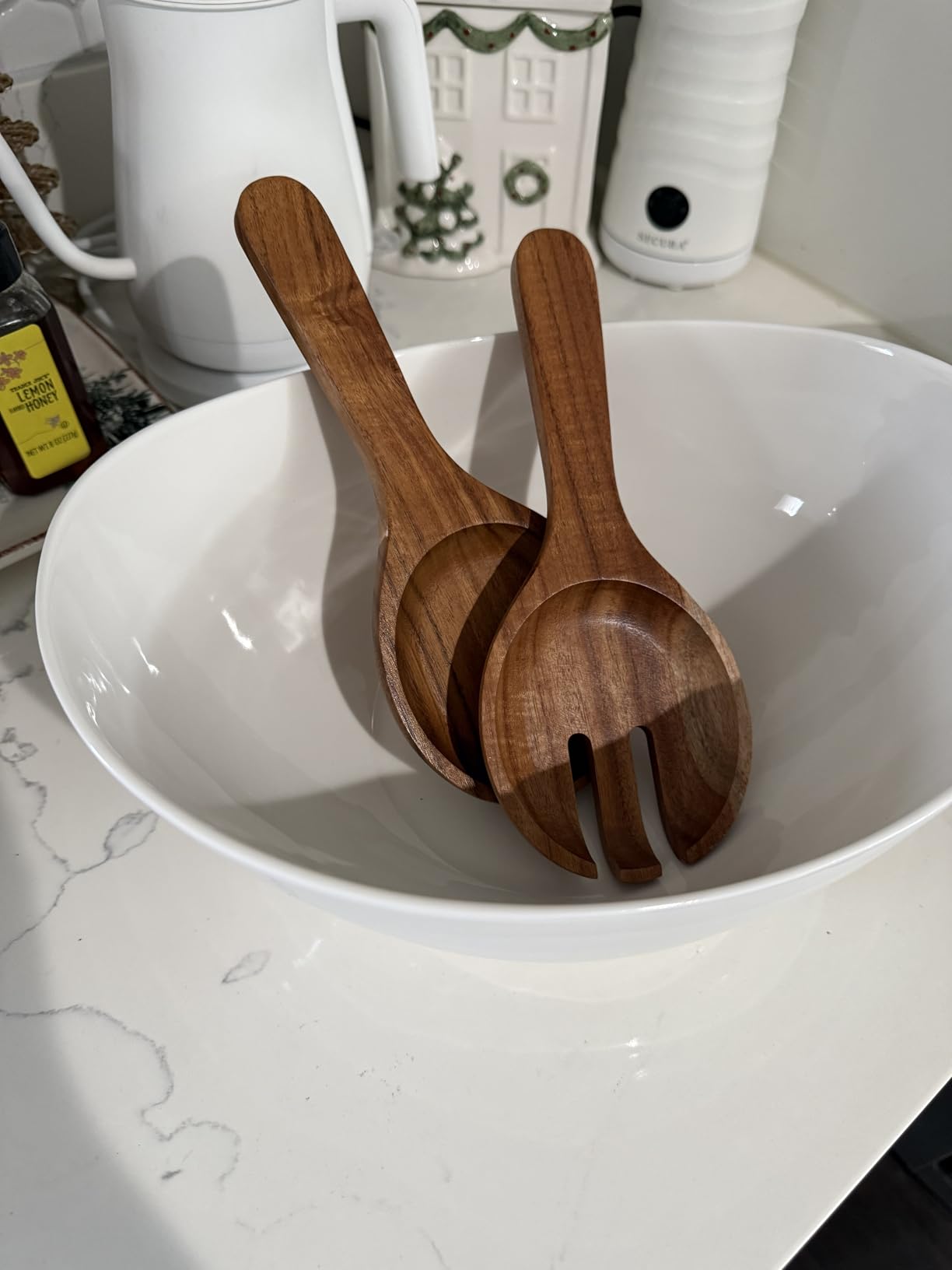Extra Large Elegant Ceramic Oval Salad Bowl Set with Premium Acacia Wood Salad Serving Utensils - Large Capacity, Stylish and Practical, Kitchen Must-Have customer photo 1