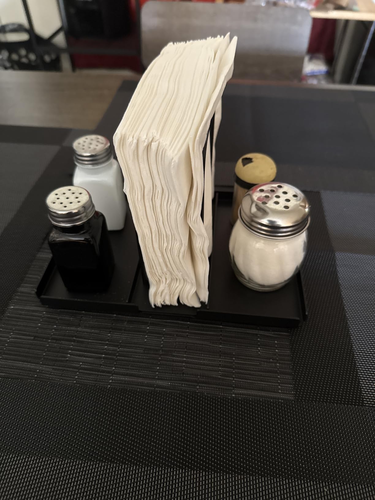 Napkin Holder for Table, Metal Napkin Holder with Salt and Pepper Shakers Caddy, Standing Paper Napkin Storage for Kitchen Dining Table Decor, Black customer photo 1
