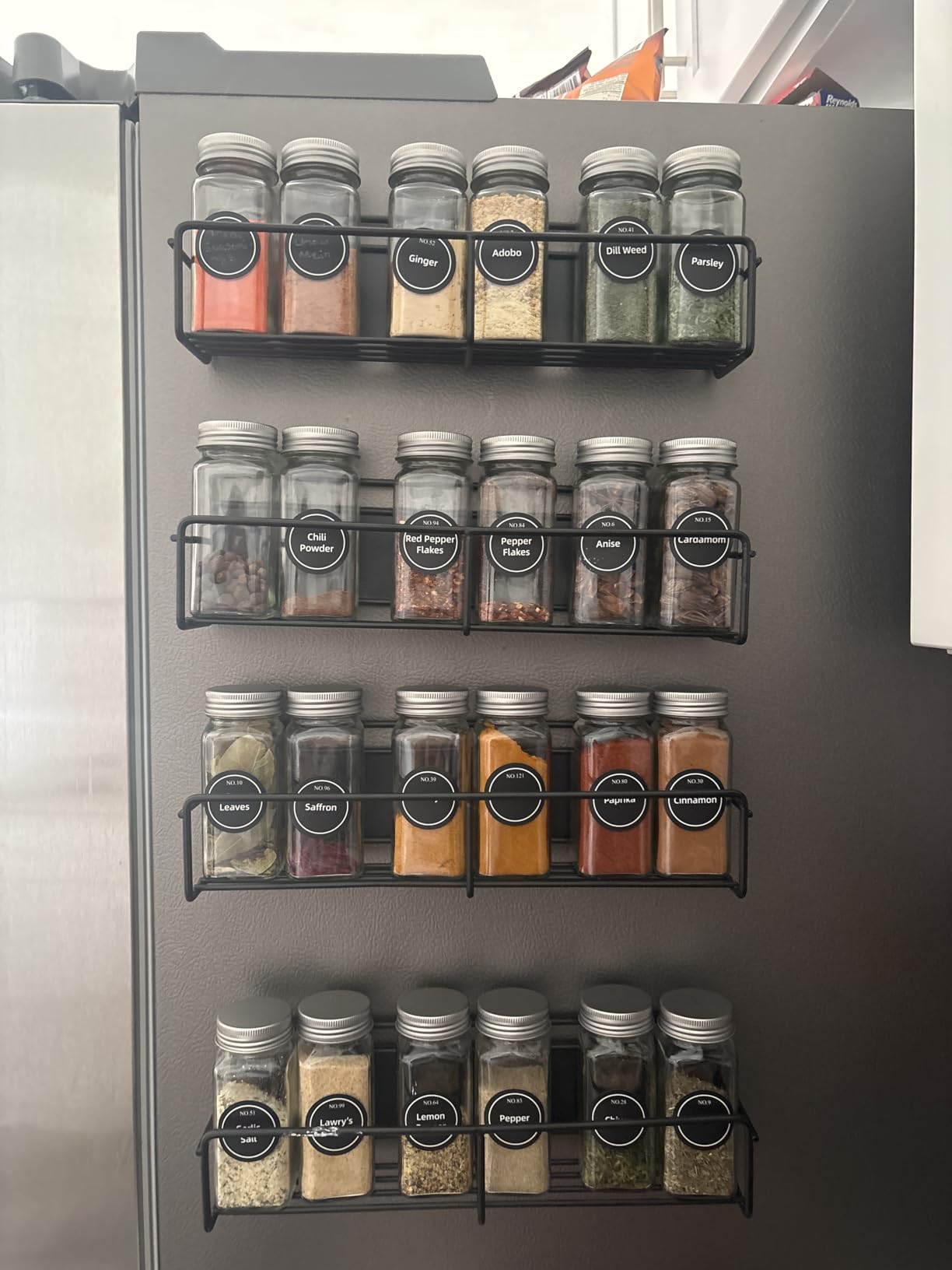 VITEVER Magnetic Spice Rack, 4 Pack, 24 Square Glass Jars with Lids, Quick-Find Pre-Printed Labels, Funnel, Space Saver, Refrigerator and Microwave Oven Organizer customer photo 1