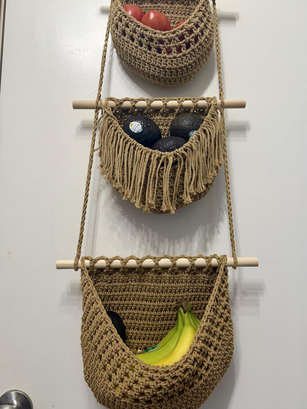 Lawei 3 Tier Hanging Fruit Basket, Wall Hanging Vegetable Fruit Baskets Cotton Woven Storage Baskets for Organizing, BOHO Wall Basket Decor, Over the Door Organizer for Kitchen, Bedroom, Bathroom customer photo 1