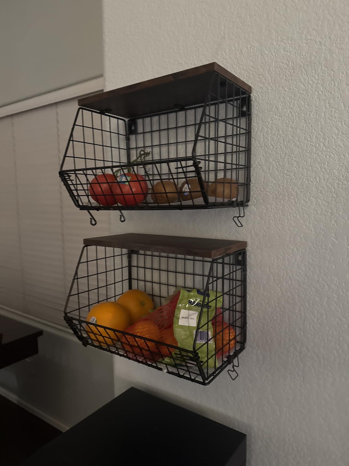 Fruit Basket for Kitchen Counter 2 Tier Fruit Bowl, Stackable Wall Mounted Hanging Fruit Basket Wire Baskets with Wood Lid with 4 Banana Hanger Hooks, Onion Basket, Fruit and Vegetable Storage customer photo 1