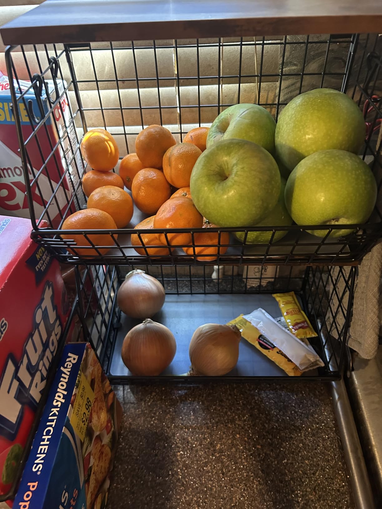 Fruit Basket for Kitchen Counter 2 Tier Fruit Bowl, Stackable Wall Mounted Hanging Fruit Basket Wire Baskets with Wood Lid with 4 Banana Hanger Hooks, Onion Basket, Fruit and Vegetable Storage customer photo 2
