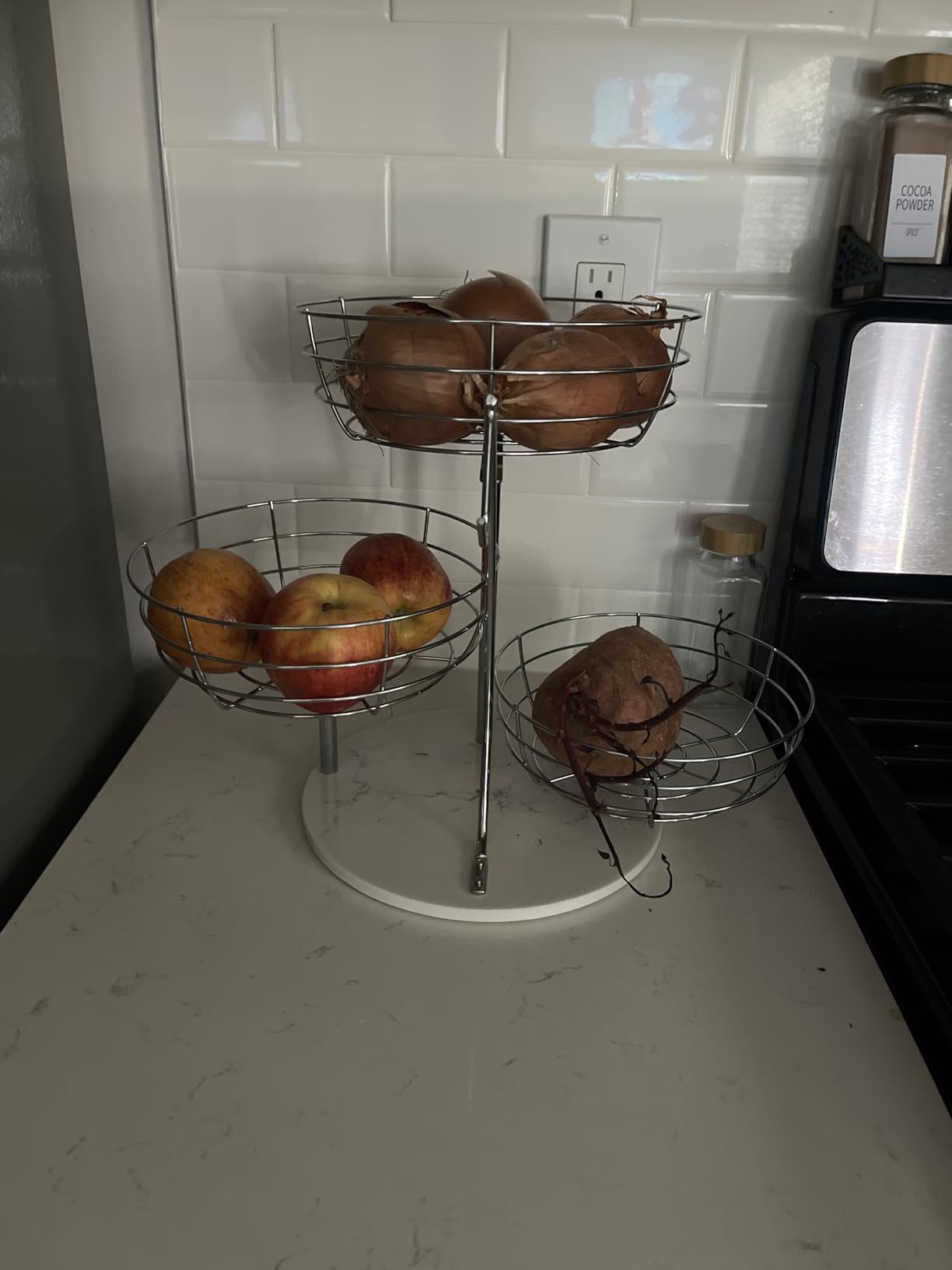 Livabber Fruit Basket Bowl with Banana Hanger, Fruit Vegetable Storage Basket with Banana Tree Holder for Kitchen Counter, Detachable Organizer for Bread Snack Produce (Black, 3-Tier Metal Base) customer photo 2