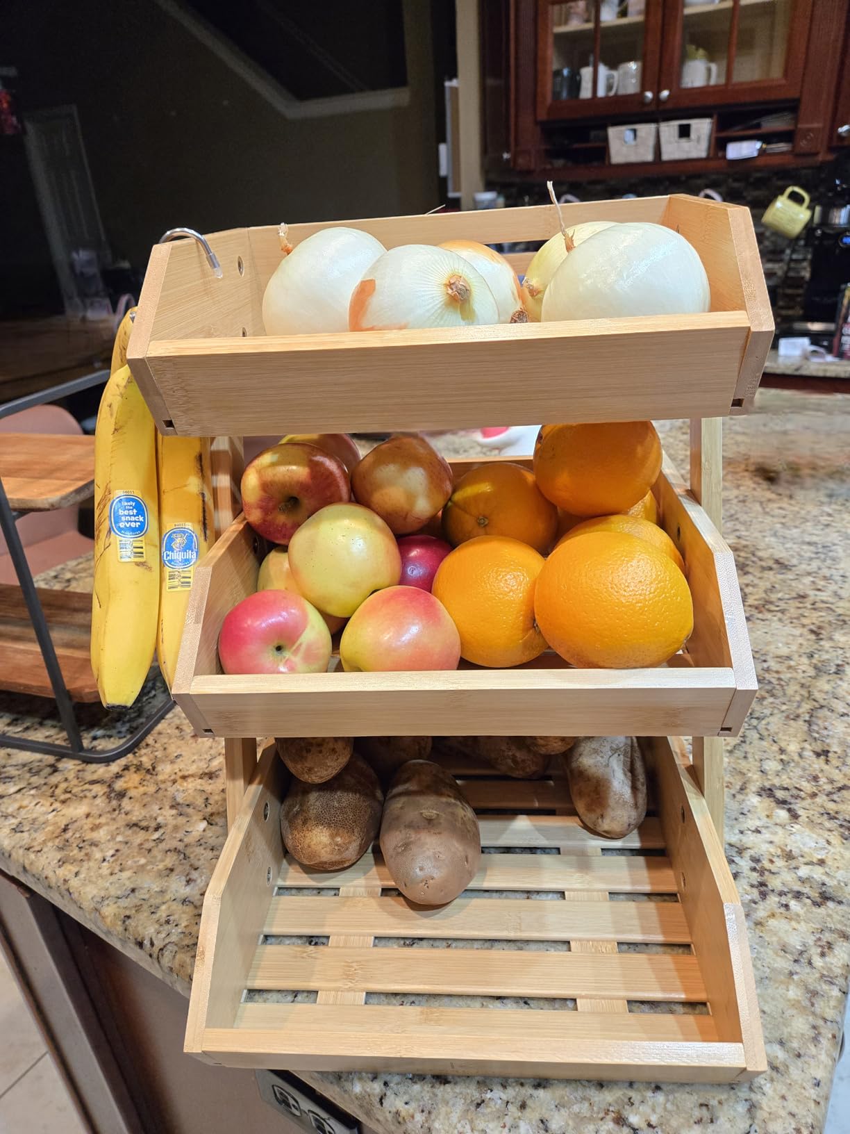 Bamboo Fruit Basket 3-Tier - Premium Produce Basket for Kitchen w/ 2 Hangers - Durable & Easy to Assemble Stand for Countertop customer photo 1