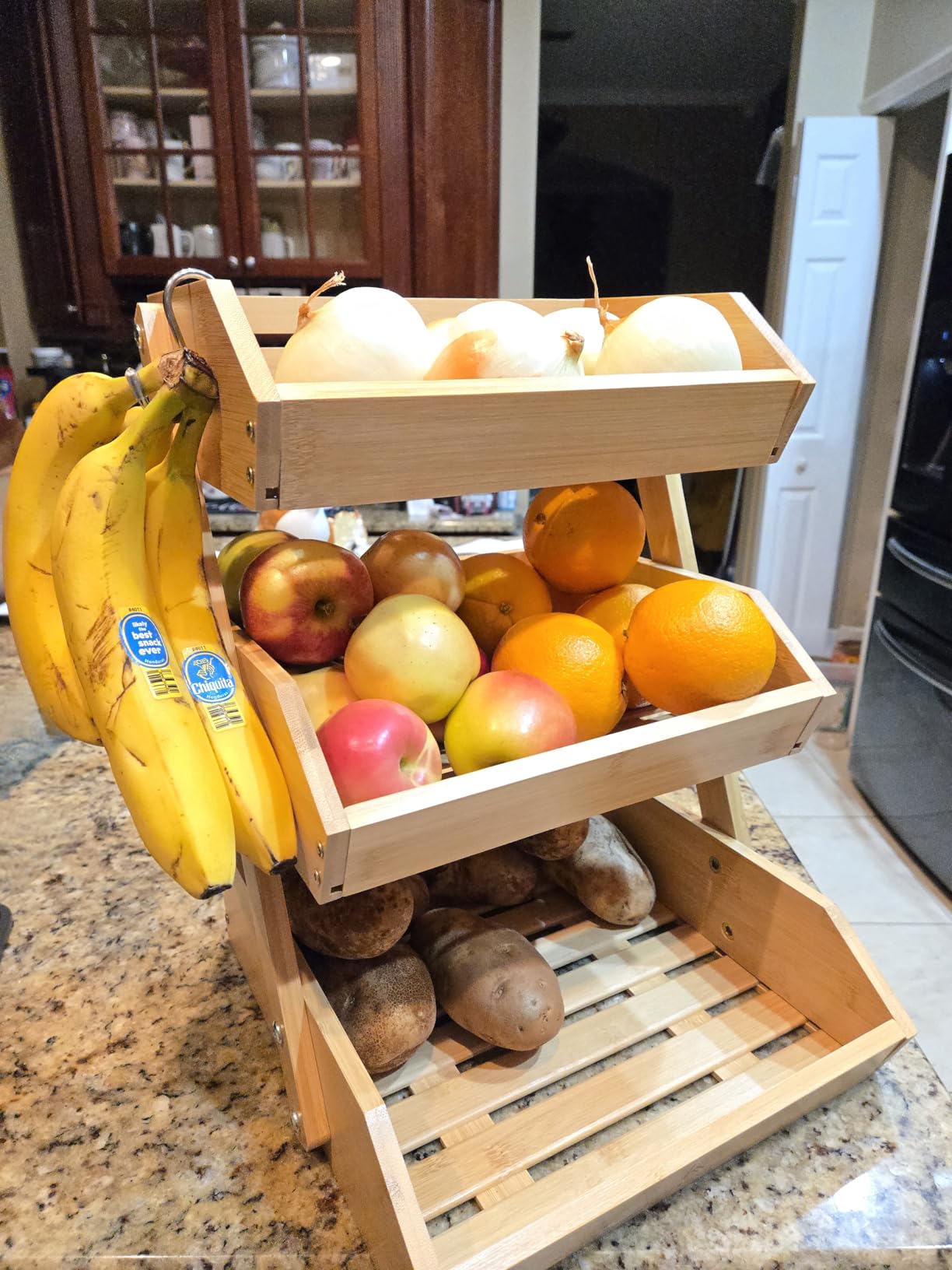 Bamboo Fruit Basket 3-Tier - Premium Produce Basket for Kitchen w/ 2 Hangers - Durable & Easy to Assemble Stand for Countertop customer photo 2