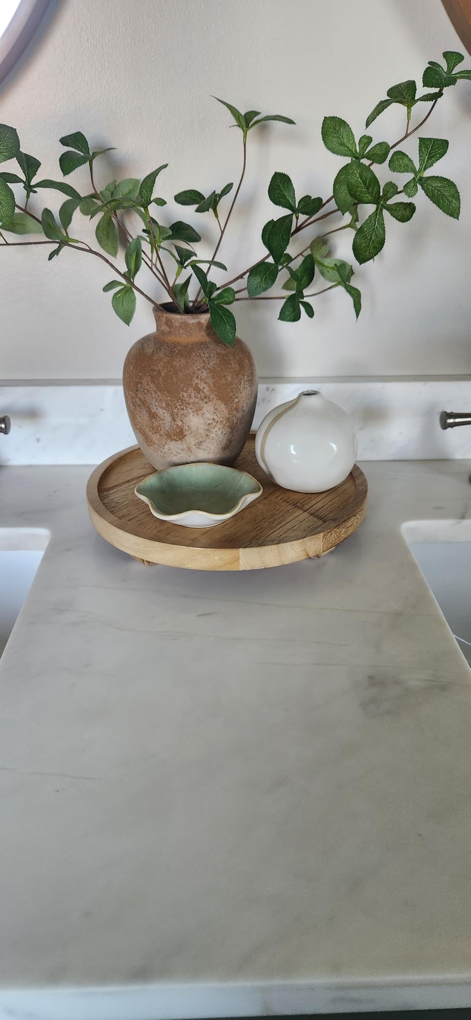Round Decorative Tray Wood Bathroom Counter Organizer Farmhouse Kitchen Decor Wooden Riser for Soap Dish, Perfume, Candle, Sponge, 10