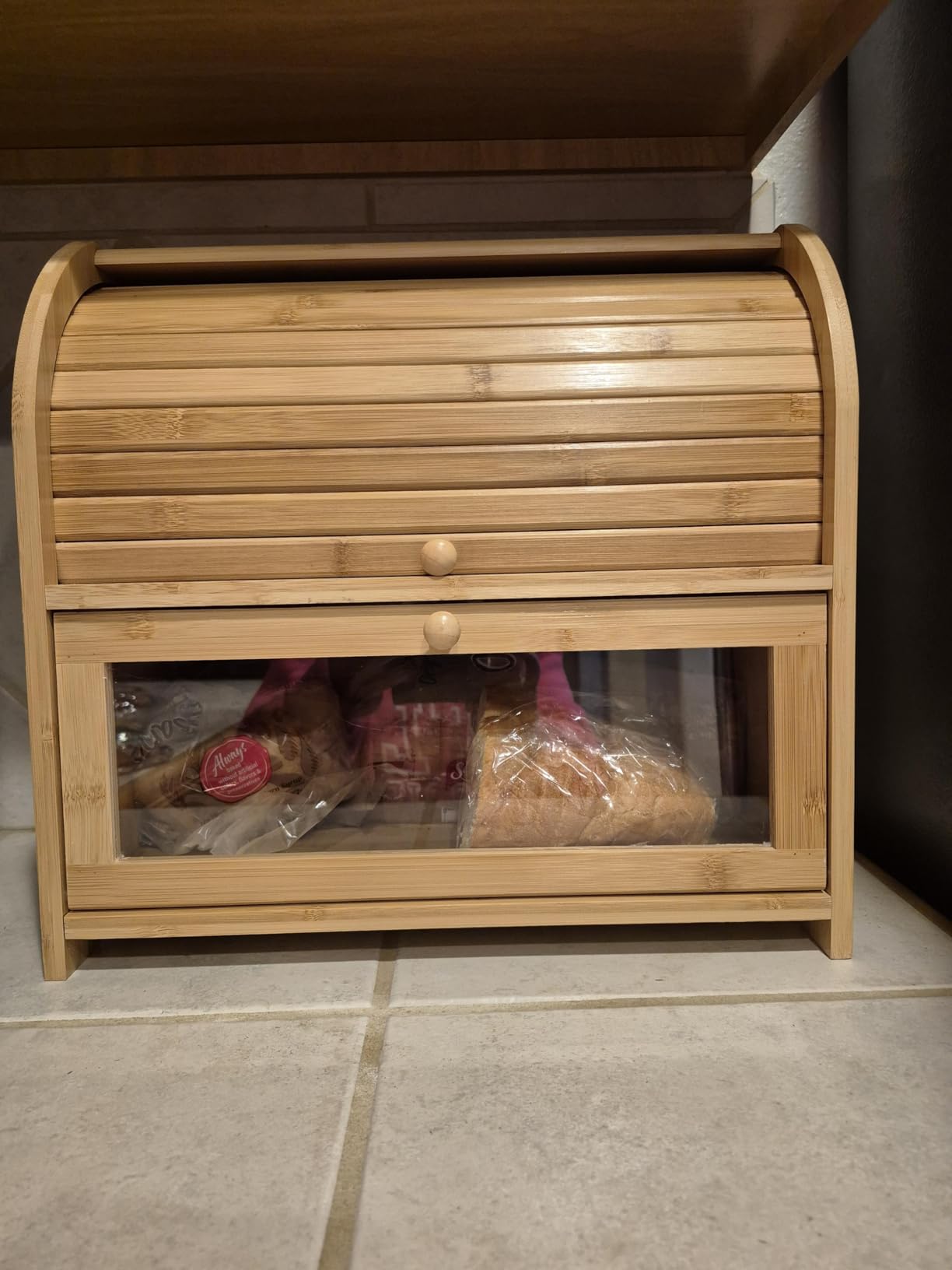 HOOBRO Bread Box, Bamboo Bread Box for Kitchen Countertop, 2 Tier Roll-Top Bread Bin, Food Storage Box, Large Capacity Keeper, Wooden Storage Cabinet, for Kitchen, Dining Room, Natural customer photo 1