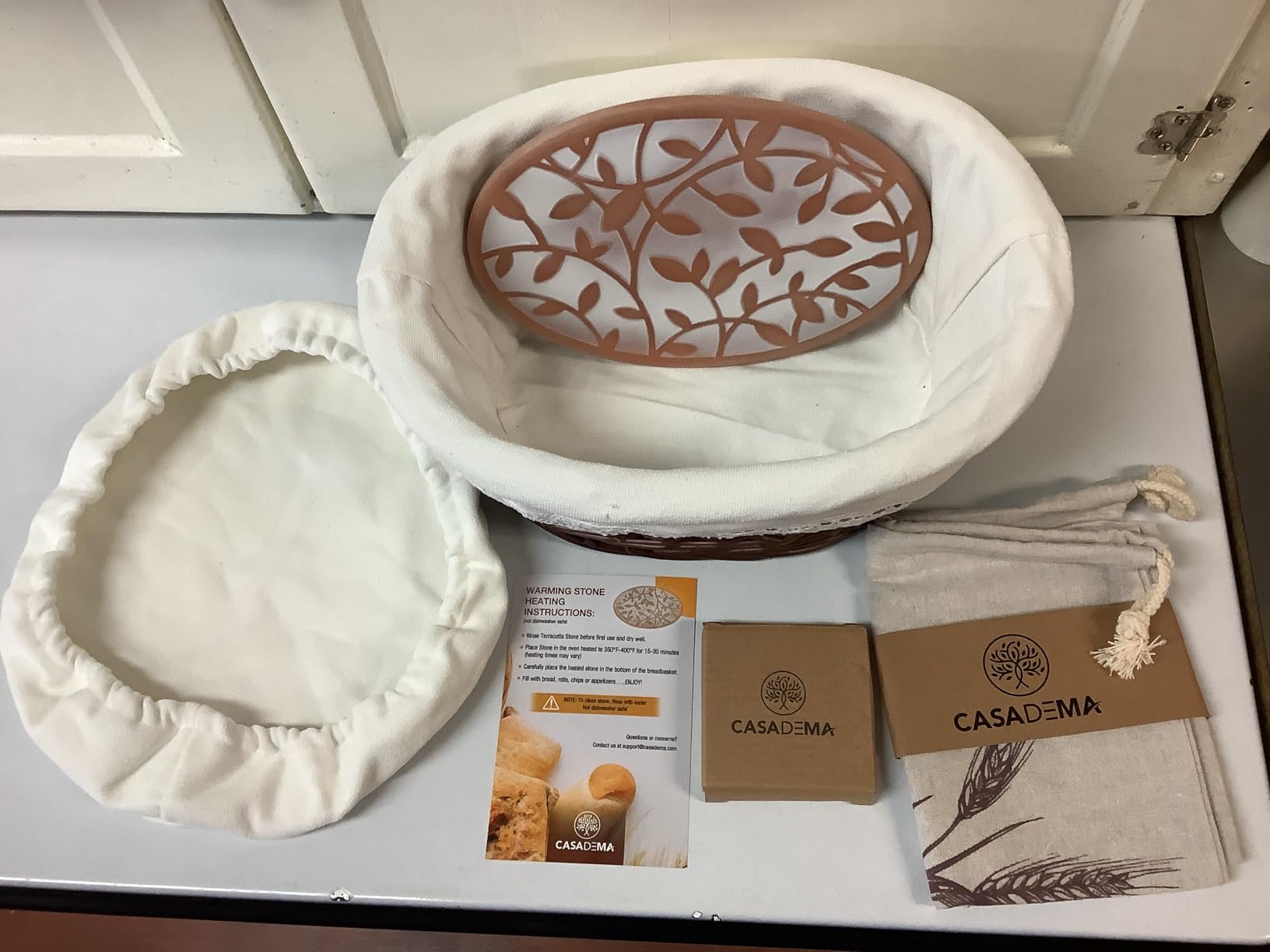 Bread Warmer Basket with Warming Stone (Large Oval 12 x 9) - Bundled w/Linen Bread Bag & Bread/Sugar Saver - Bread Baskets for Serving with liner and lid customer photo 2