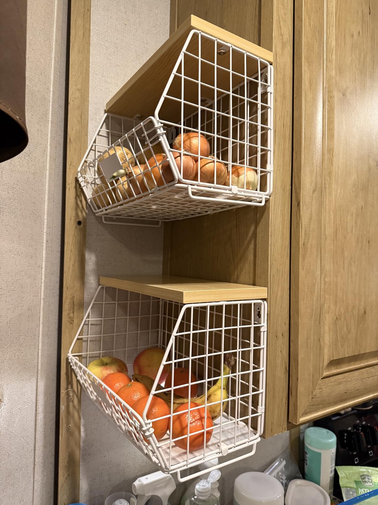 Hanging Wall Fruit Basket for Kitchen Counter 2 Pack, Stackable Wire Baskets with Wood Lid, Potato and Onion Storage Bin with Banana Hook customer photo 1