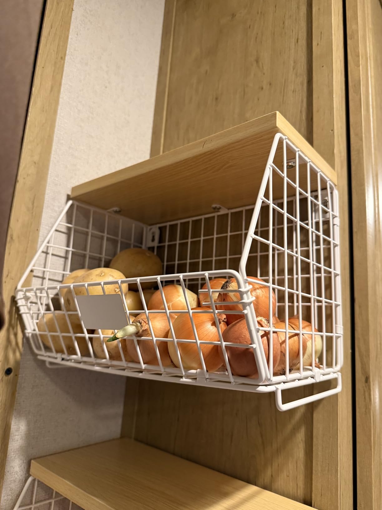 Hanging Wall Fruit Basket for Kitchen Counter 2 Pack, Stackable Wire Baskets with Wood Lid, Potato and Onion Storage Bin with Banana Hook customer photo 2