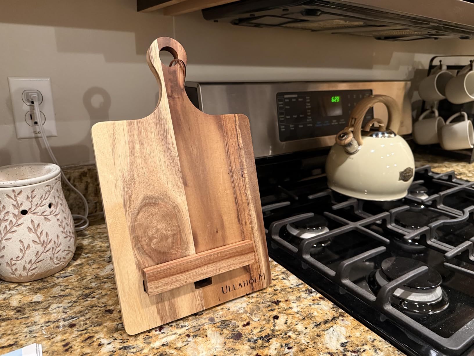Wood Cookbook Stand for Kitchen Counter - Reversible Acacia Wooden Recipe Book Holder Stand - Cooking Measurement Conversion Card - Gift-Ready Adjustable Tablet Cook Book Holder - Charging Cable Slot customer photo 1