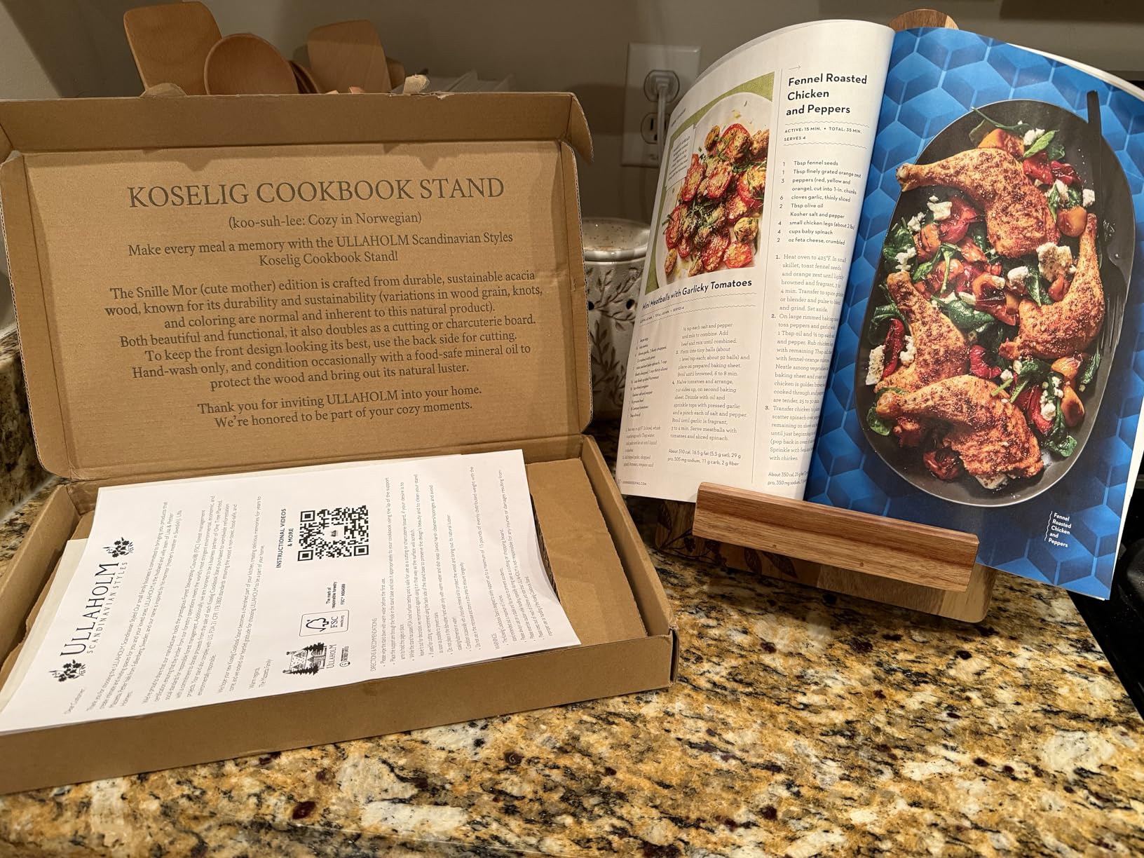 Wood Cookbook Stand for Kitchen Counter - Reversible Acacia Wooden Recipe Book Holder Stand - Cooking Measurement Conversion Card - Gift-Ready Adjustable Tablet Cook Book Holder - Charging Cable Slot customer photo 2
