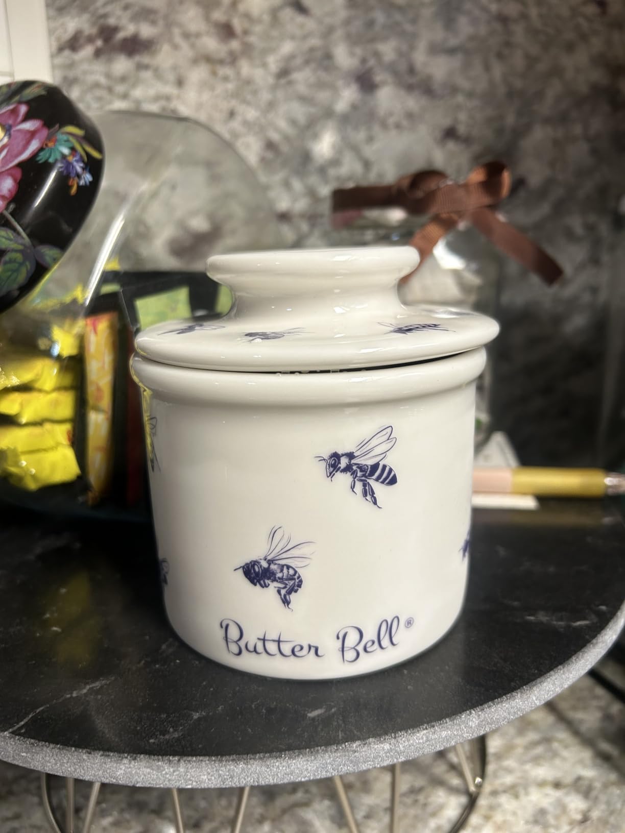 The Original Butter Bell crock by L Tremain, a Countertop French Ceramic Butter Dish Keeper with Lid for Spreadable Butter, Farmhouse Collection, Honey Bees, Blue & White customer photo 1