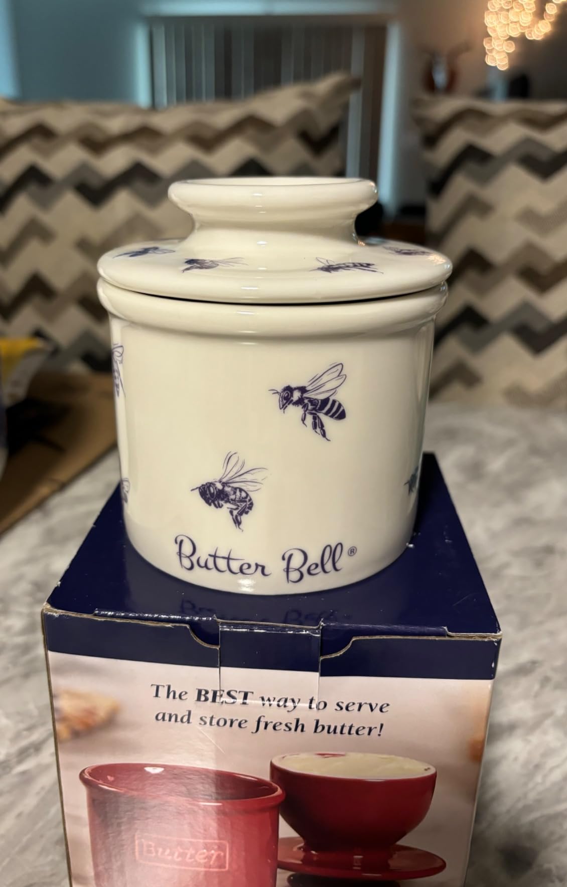 The Original Butter Bell crock by L Tremain, a Countertop French Ceramic Butter Dish Keeper with Lid for Spreadable Butter, Farmhouse Collection, Honey Bees, Blue & White customer photo 2