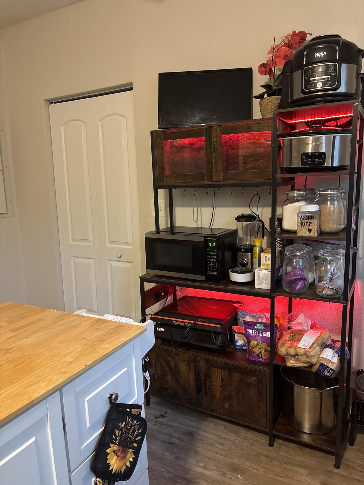 Itaar Bakers Rack with Power Outlet and LED Light, 45.3 Inch Farmhouse Coffee Bar Cabinet, Kitchen Microwave Stand with Storage, Glass Cabinet, Goblet Holder and 8 Hooks (Rustic Brown) customer photo 1