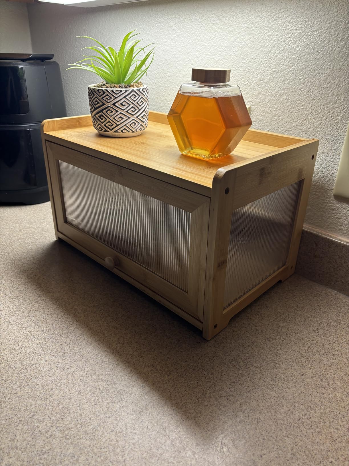 BAMBANG Bamboo Bread Box for Kitchen Countertop, Extra Large Farmhouse Bread Box with 4-Side Clear Panels, Wooden Bread Storage Container for Homemade Bread, Natural customer photo 1