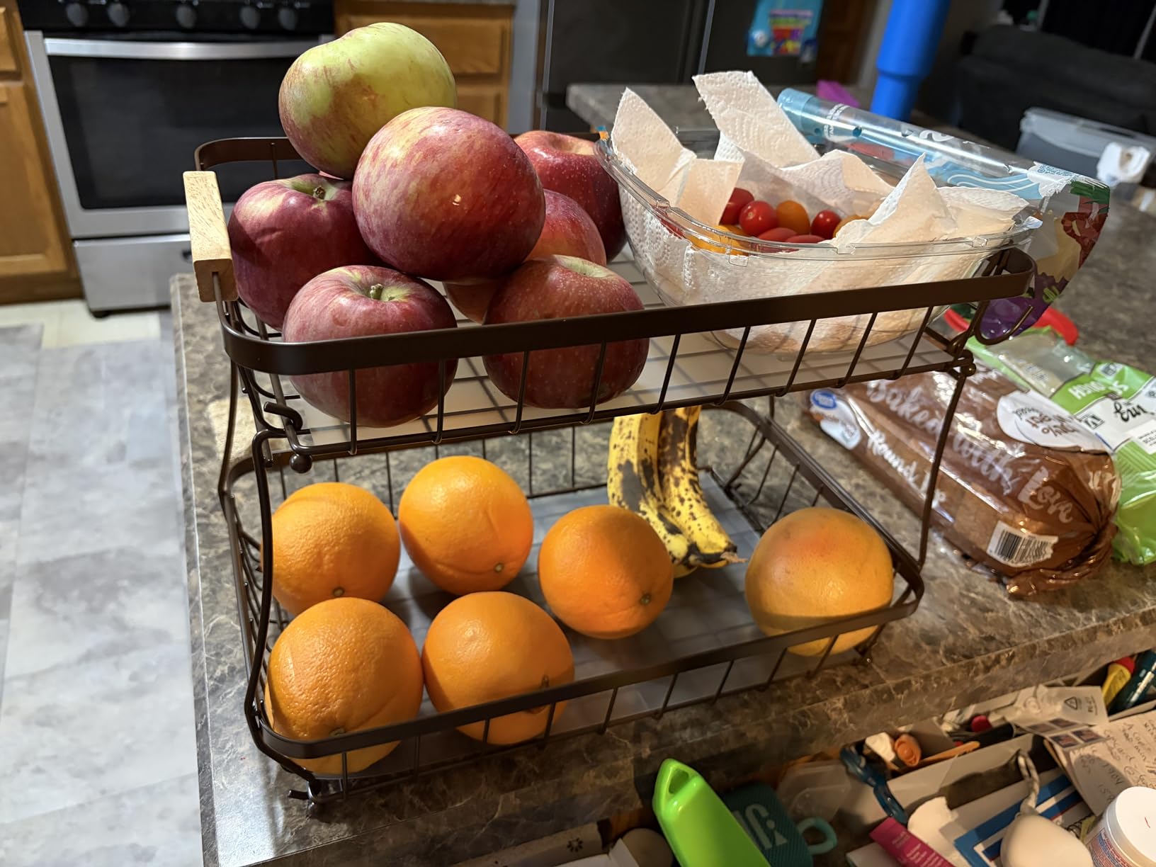 2 Tier Large Fruit Basket for Kitchen Counter with 2 Mobile Banana Hangers, 2026 Pro Detachable Metal Fruit Bowl with Wooden Handle, Fruit Holder for Bread Snack Veggies with Protective Mats customer photo 1