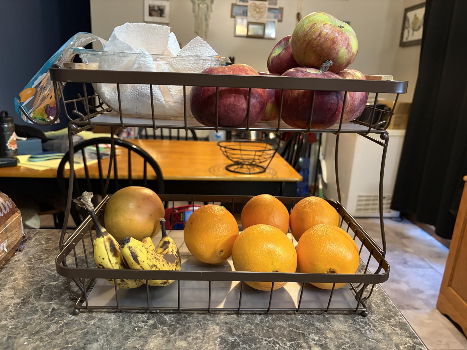 2 Tier Large Fruit Basket for Kitchen Counter with 2 Mobile Banana Hangers, 2026 Pro Detachable Metal Fruit Bowl with Wooden Handle, Fruit Holder for Bread Snack Veggies with Protective Mats customer photo 2