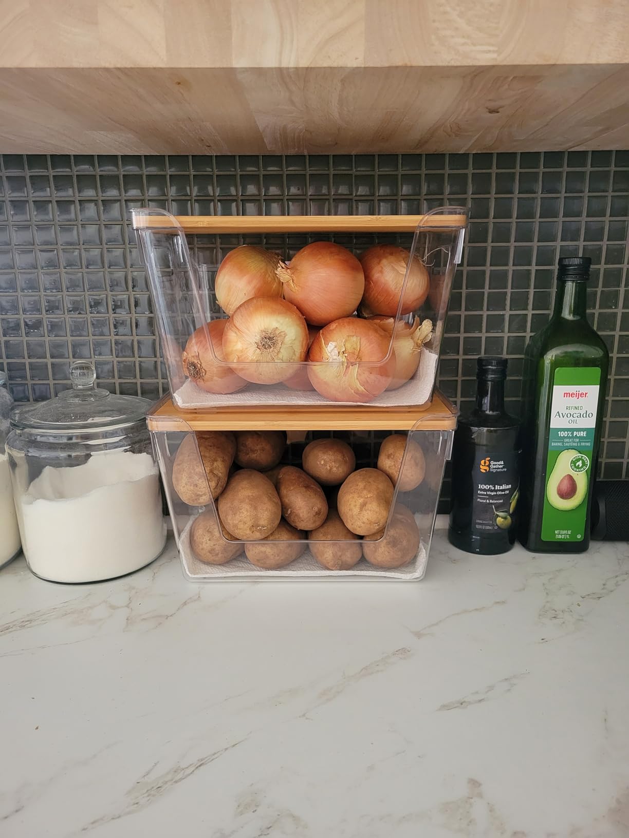 2 Set Pantry Organizer and Stackable Storage Kitchen, Sturdy and Durable Storage Basket for Potato, Onion, Garlic, Fruit, Vegetable, Produce, Clear Plastic Storage with Lid & Handle customer photo 2