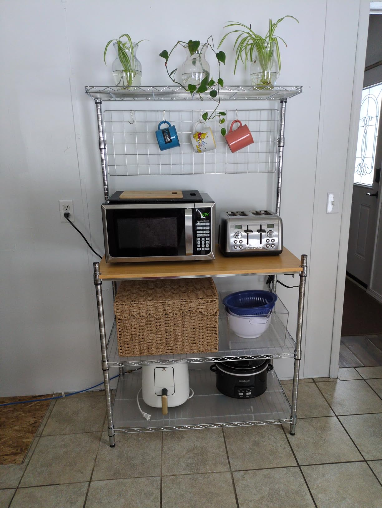 Leteuke Bakers Rack with Power Outlet & Storage, 36 Inch Microwave Stand Kitchen Cart, 4-Tier Metal Kitchen Shelves Cart with Wheels & 20 S-Hooks for Kitchen, NSF Certified, 63 x 18 x 36 Inch-Chrome customer photo 1