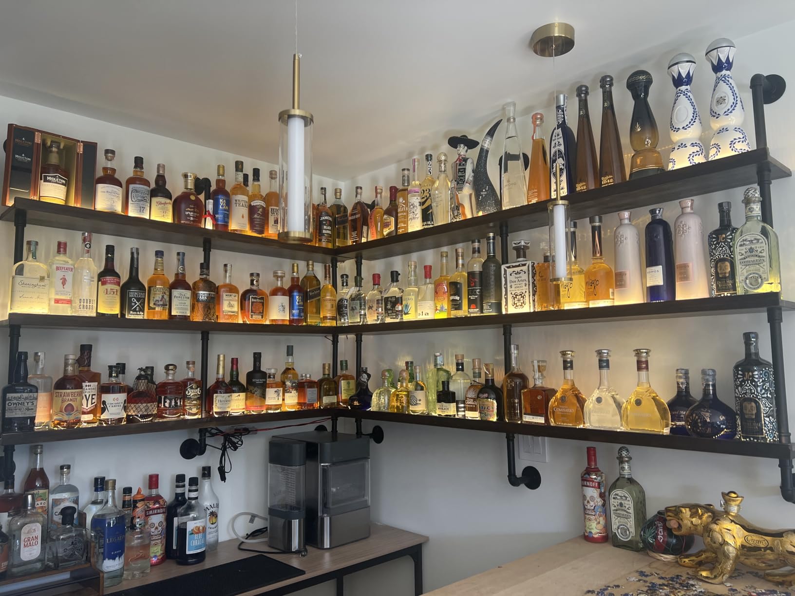 Solid Wood Wine Racks Wall Mounted with LED Lights, Metal Wine Bottles Display Shelf, Industrial Floating Lighted Bar Shelves Liquor Rack for Home & Dining Room (120cm/47.2in) customer photo 2