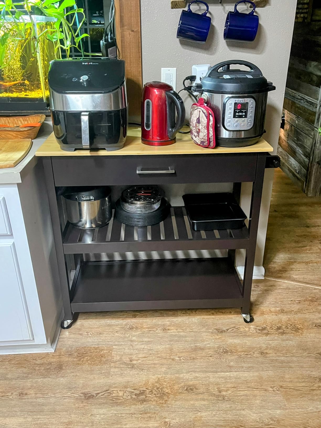 Yaheetech Kitchen Island Cart on Wheels with Bamboo Tabletop, 3-Tier Rolling Kitchen Island Microwave Cart with Drawer, Detachable Towel, 3 Hooks, 17