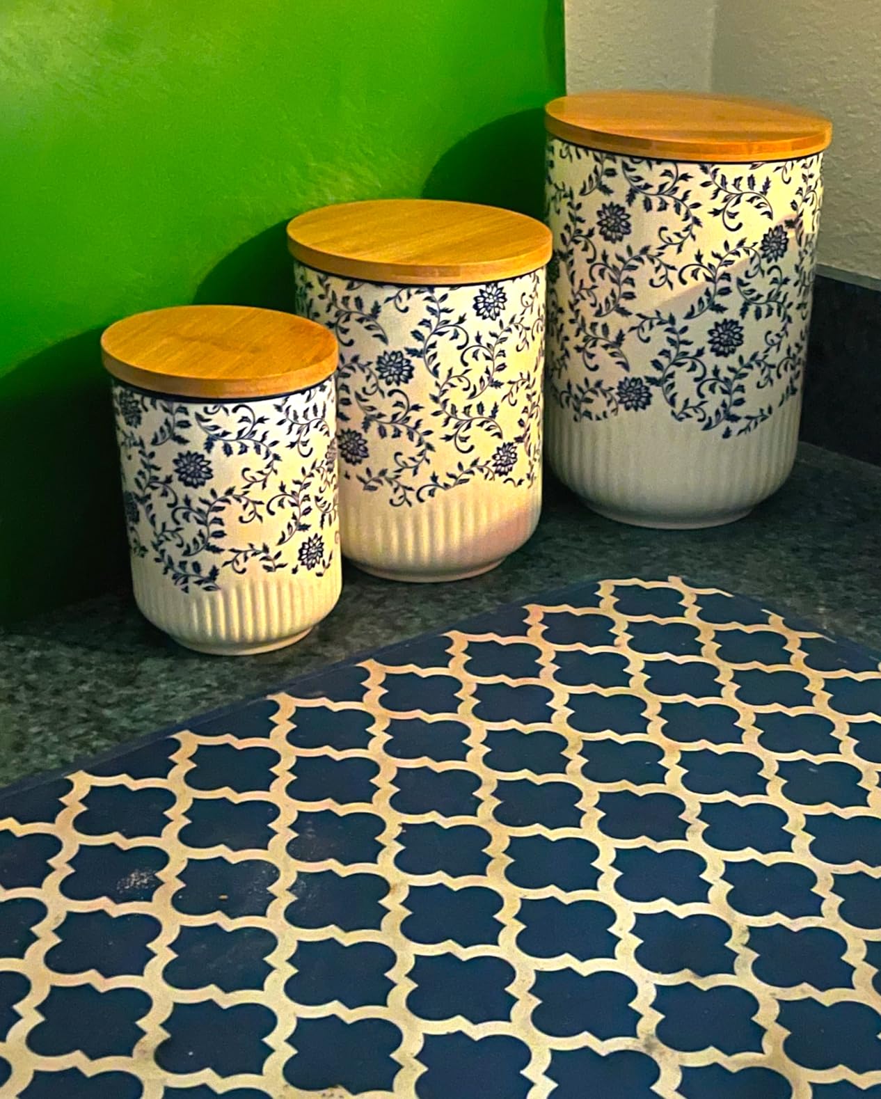 Canisters Sets for Kitchen - Ceramic Kitchen Containers for Countertop with Airtight Wood Lids - Flour and Sugar Containers for Coffee Tea Spice Beans Cookie Jars - Blue Set of 3 customer photo 2