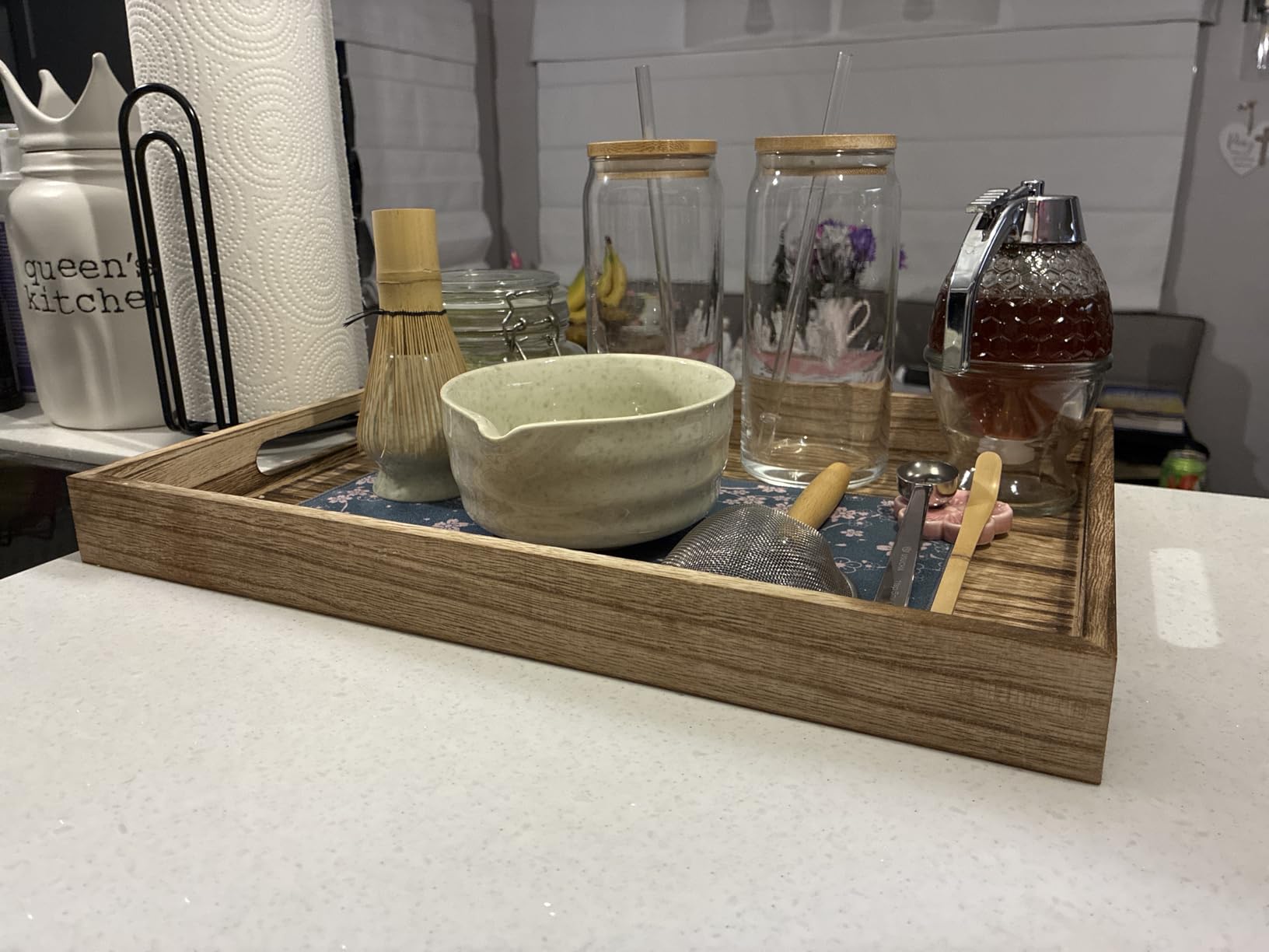Krismax Wooden Serving Tray with Handles, Rustic Brown Rectangular Serving Platter 15.7x11.4 Inch for Coffee Table, Decorative Storage Tray customer photo 2