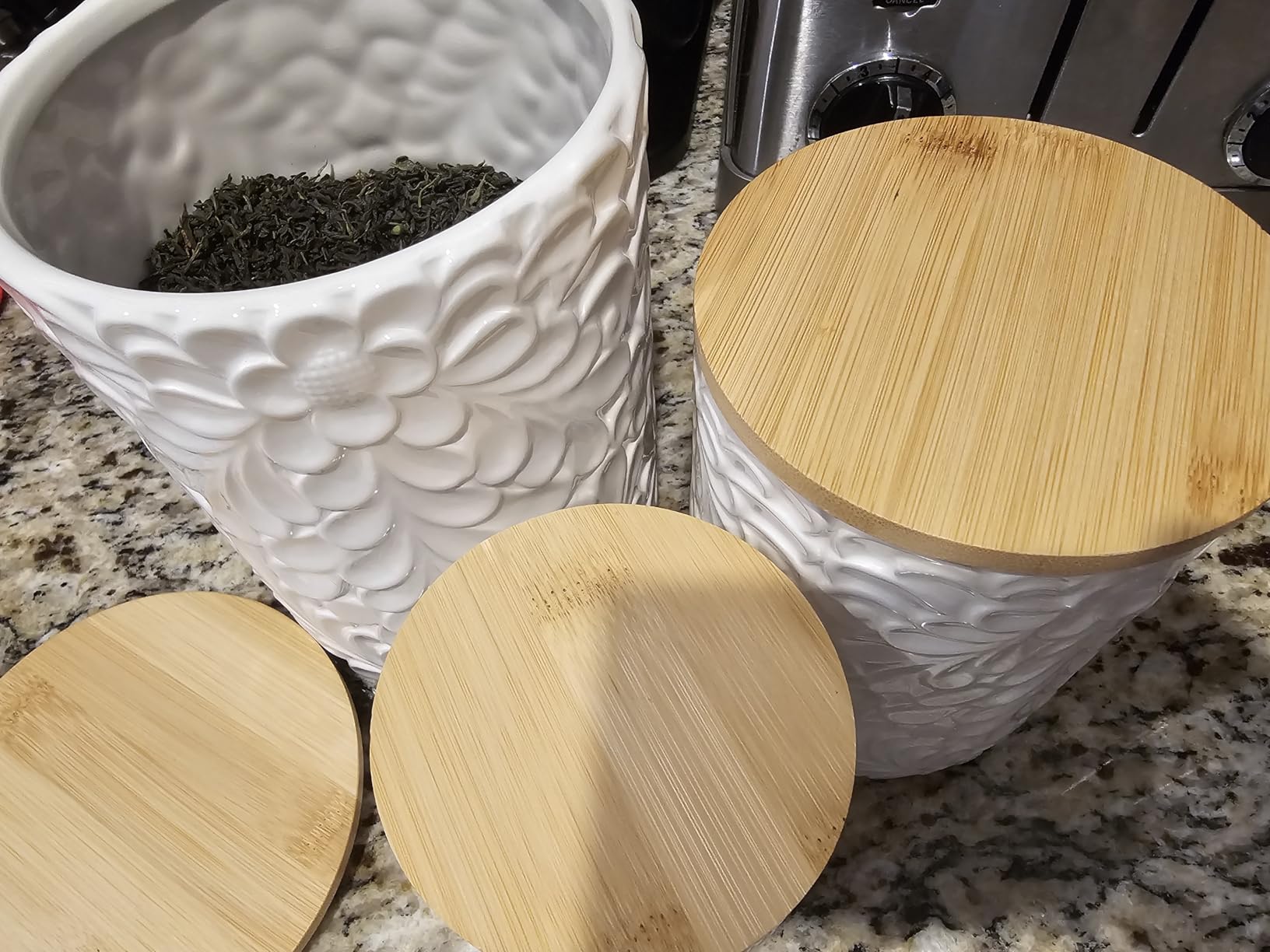 Engraved Design Kitchen Canisters Set of 3 with 74 Oz, 36 Oz, and 18 Oz - White Storage Jars for Countertop with Airtight Bamboo Lids - Large Flour Tea Coffee Sugar Spices Container - Decorative customer photo 1
